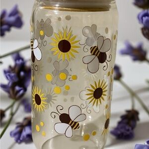 Floral and Bee Patterned Glass Jar with lit and straw included.